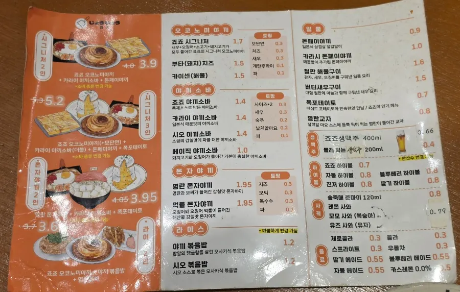 Menu board at Jojo Yeonnam Branch