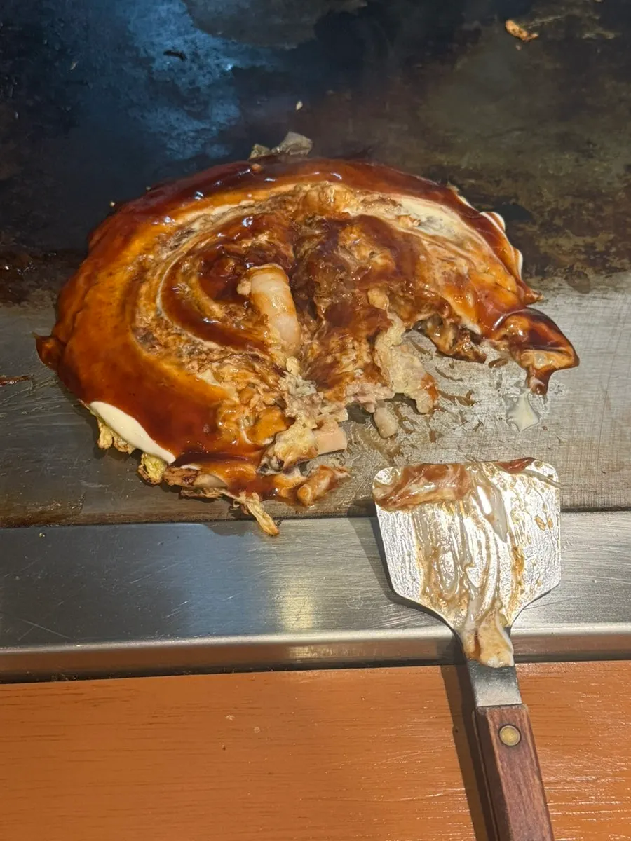 A solo meal of okonomiyaki and donpeiyaki