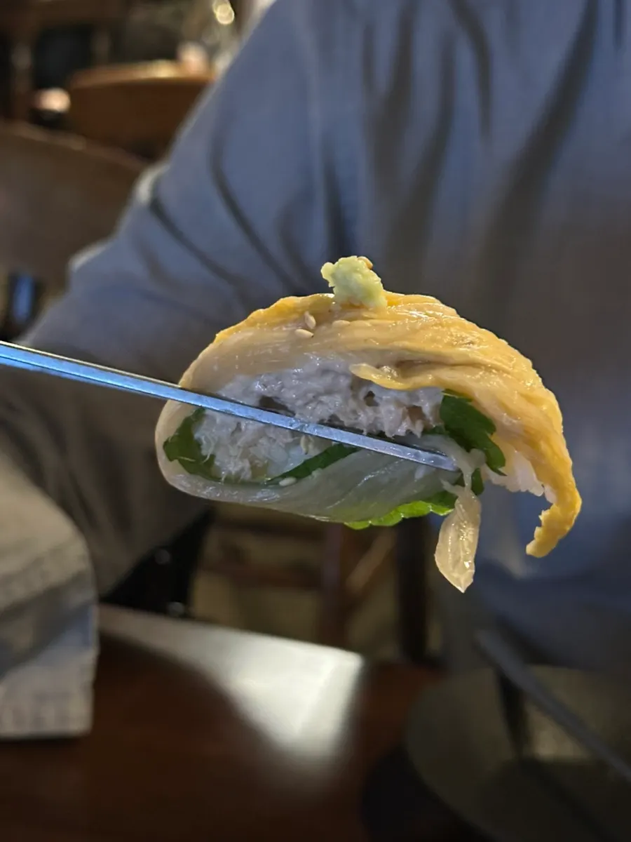 Tuna kimchi rolls served with wasabi