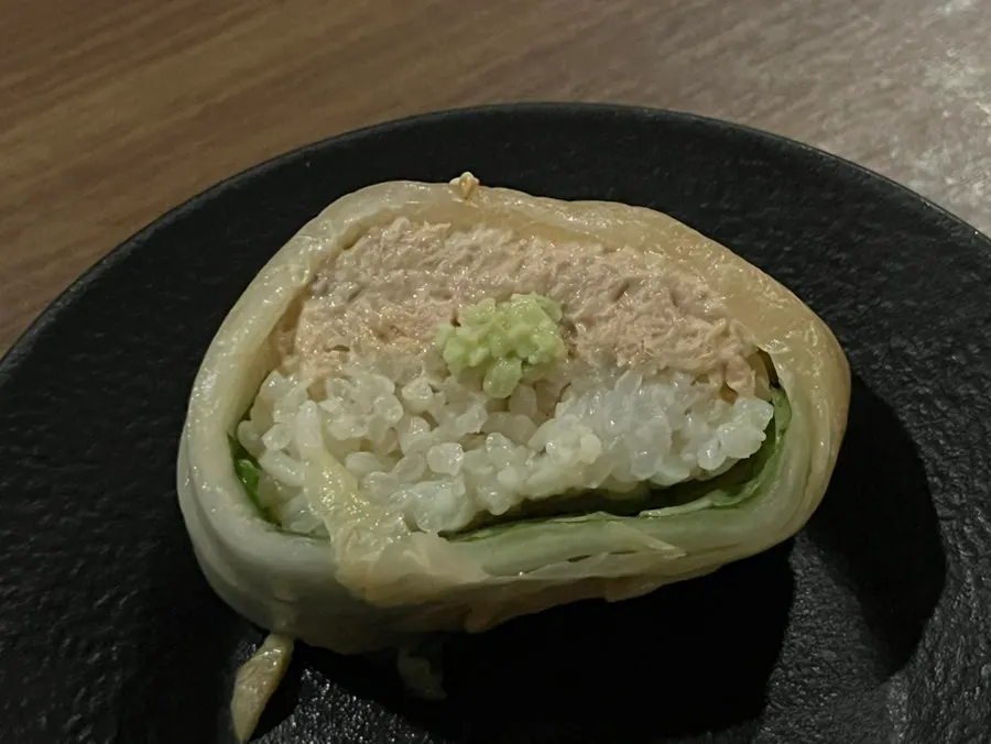Plate of thick aged kimchi tuna rolls