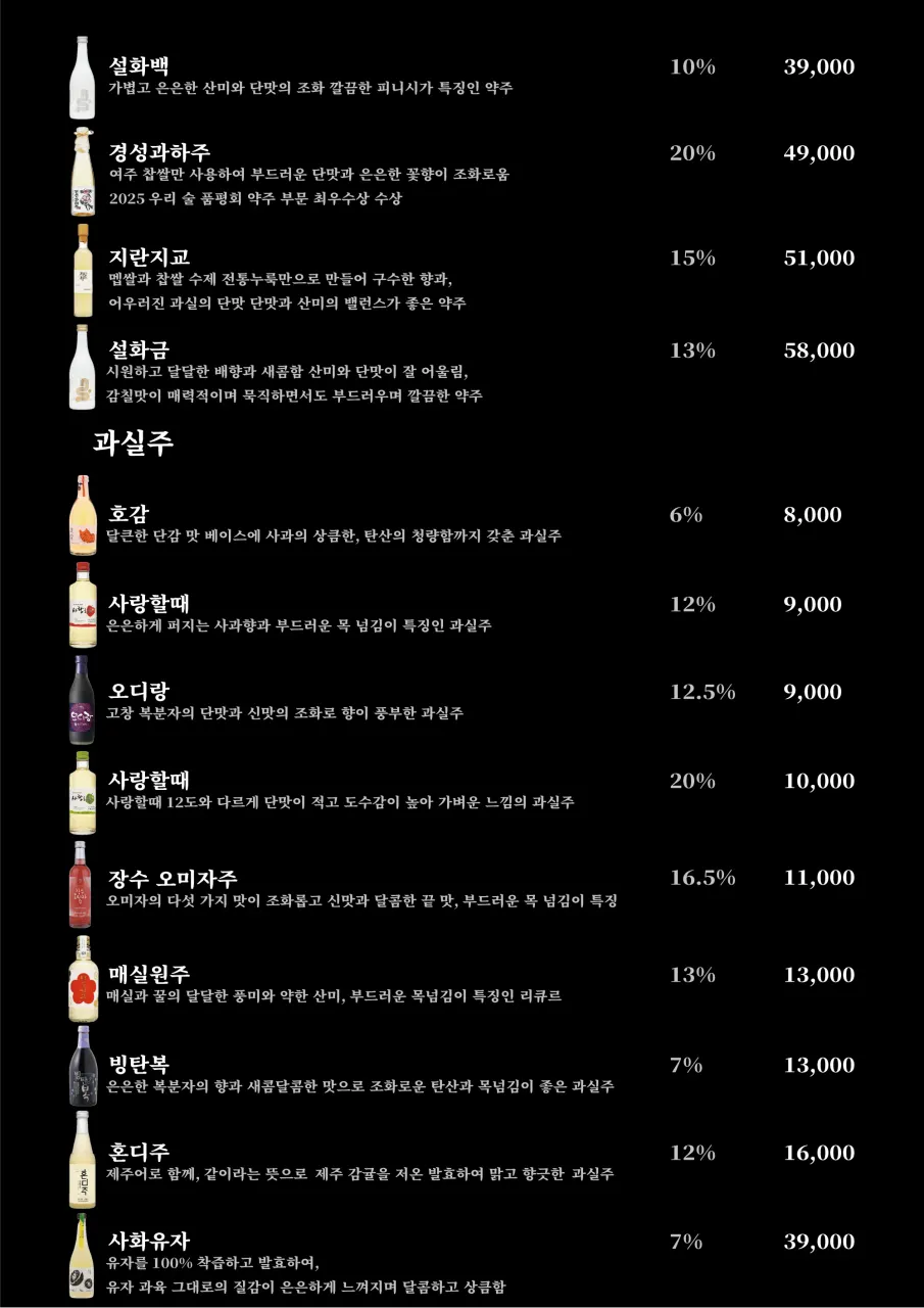 Jojomomo's traditional liquor menu