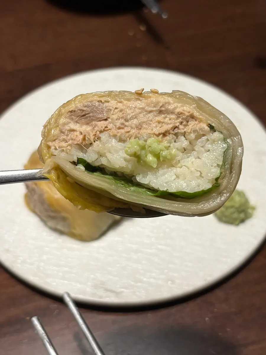 Thickly rolled tuna aged kimchi roll