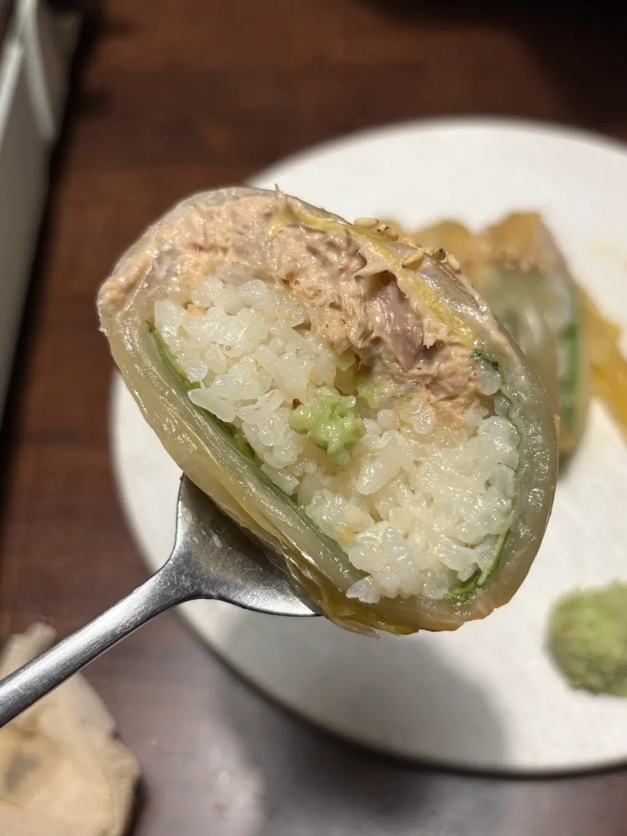 Tuna aged kimchi roll topped with fresh wasabi