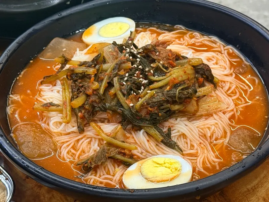 A generous bowl of yeolmu kimchi noodles