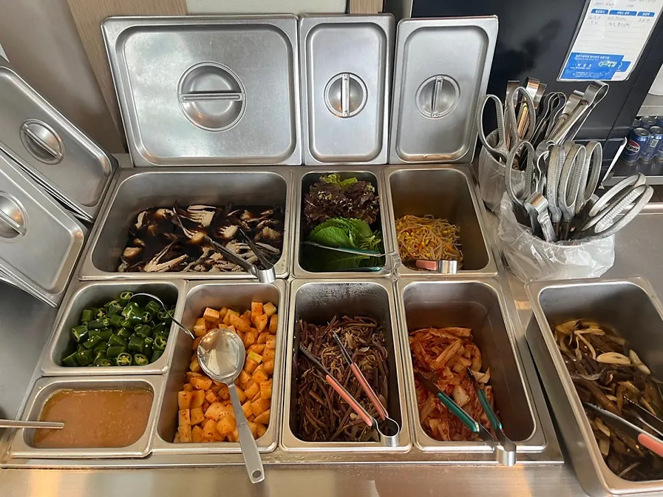 Close-up of the side dishes filling the table
