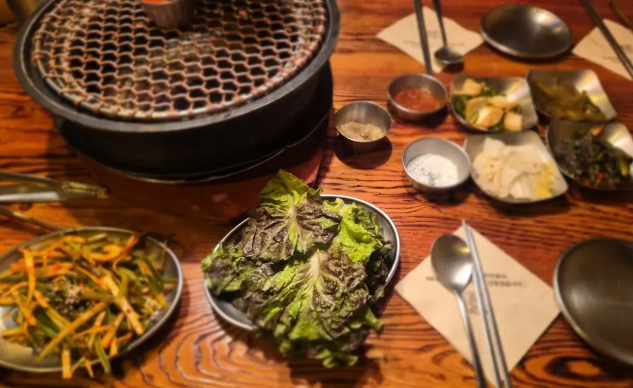 Korean BBQ banchan table spread