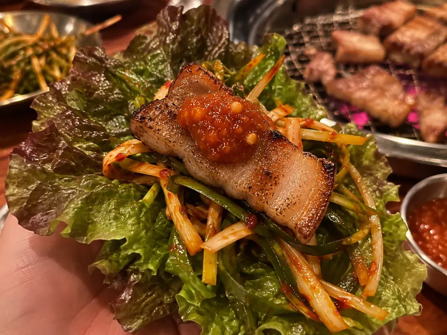 Pork belly wrap with scallion salad and ssamjang