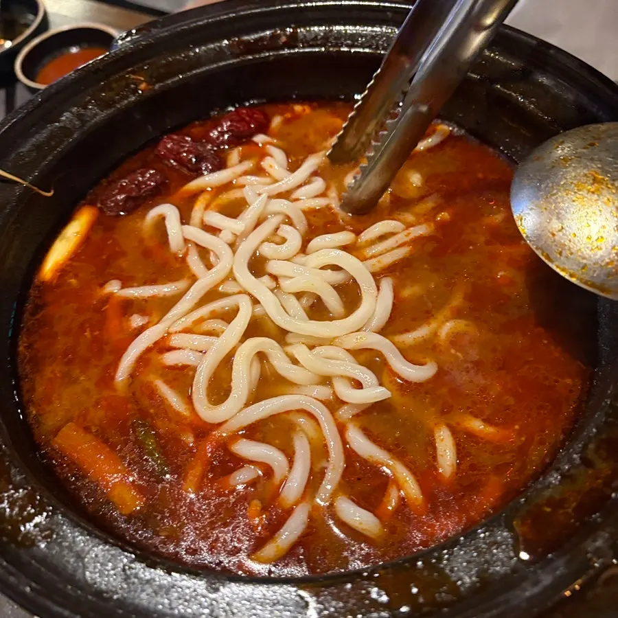 Spicy hangover chicken hot pot with added udon noodles