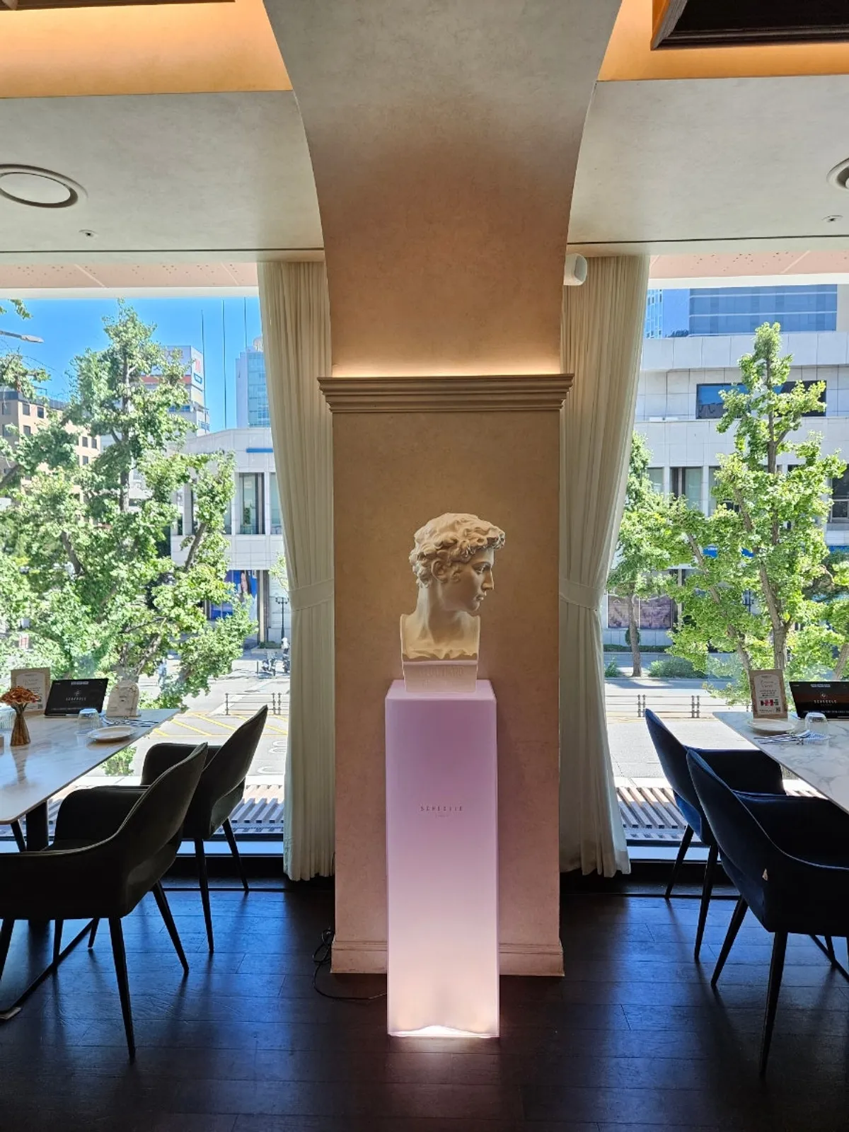 Window seating and open-kitchen area