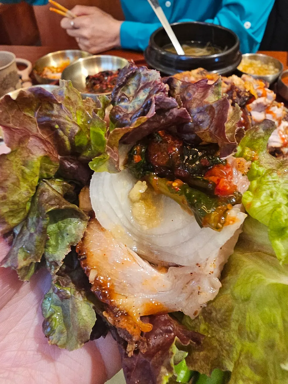 Fried jokbal wrapped in lettuce