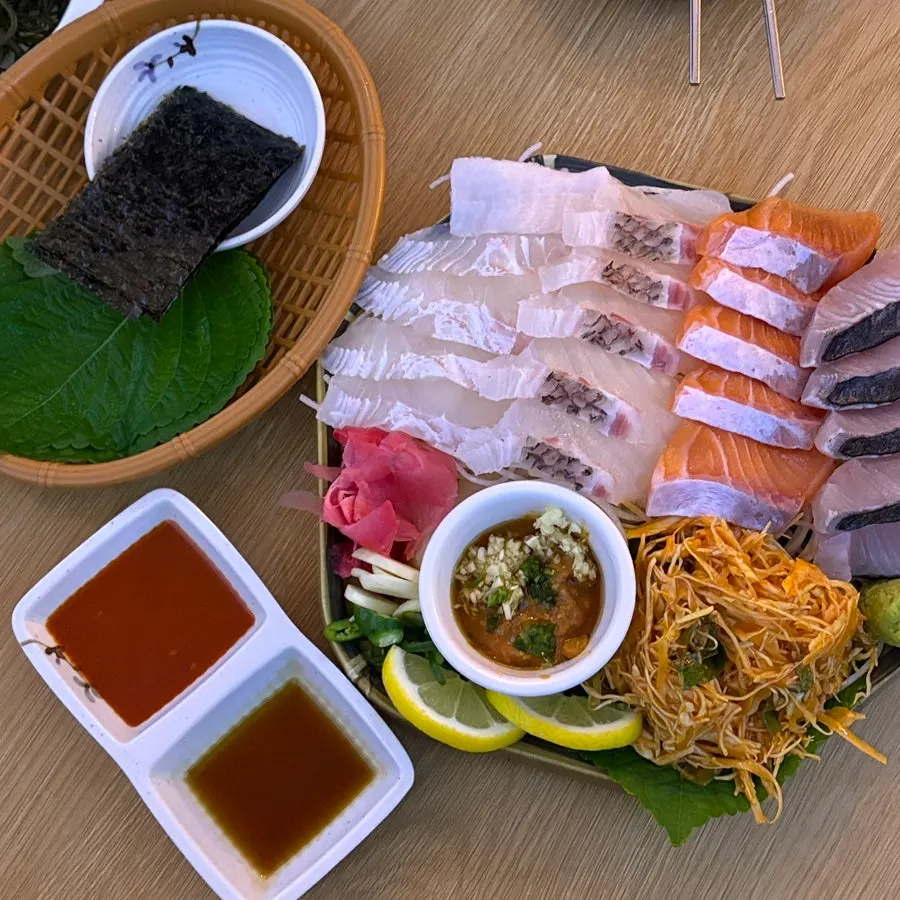 Sashimi wrapped with makjang sauce and gim seaweed