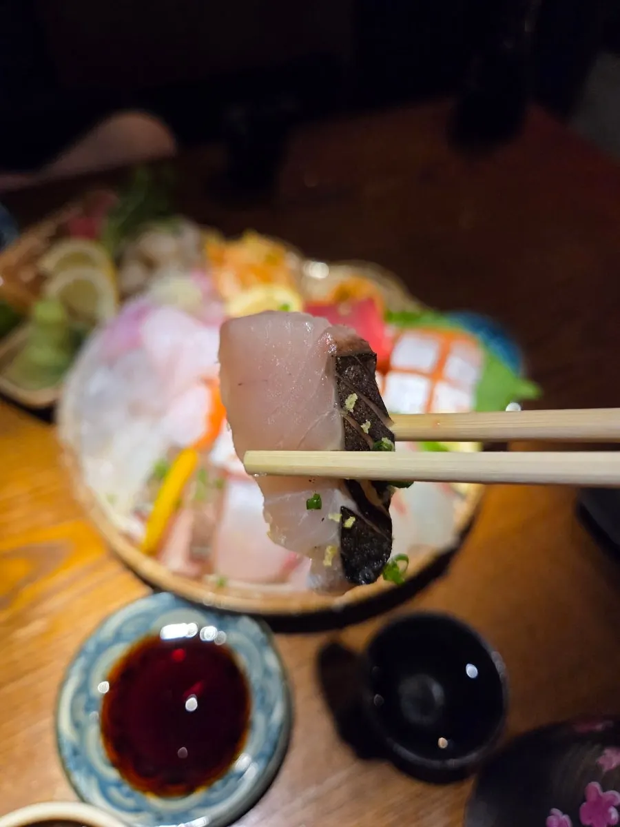 A fatty piece of salmon sashimi