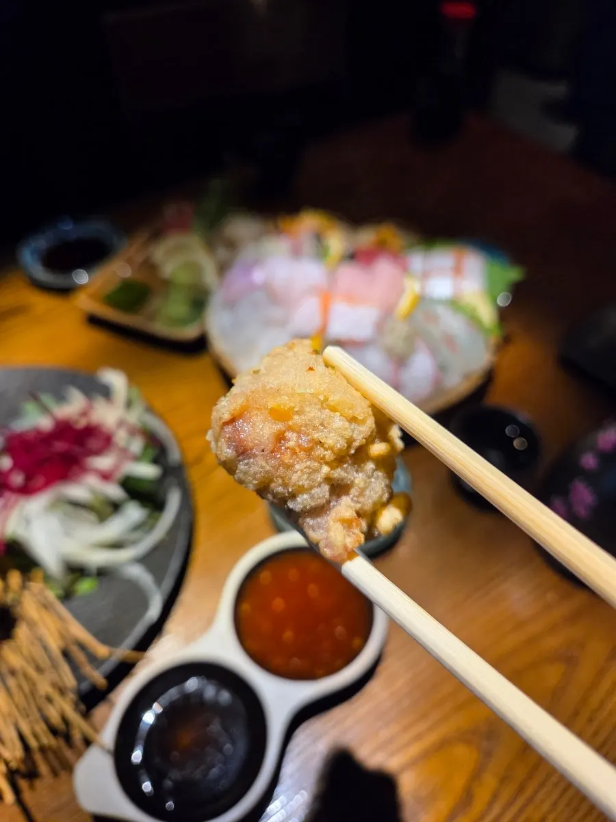 Plate of chicken karaage and fried chicken skin