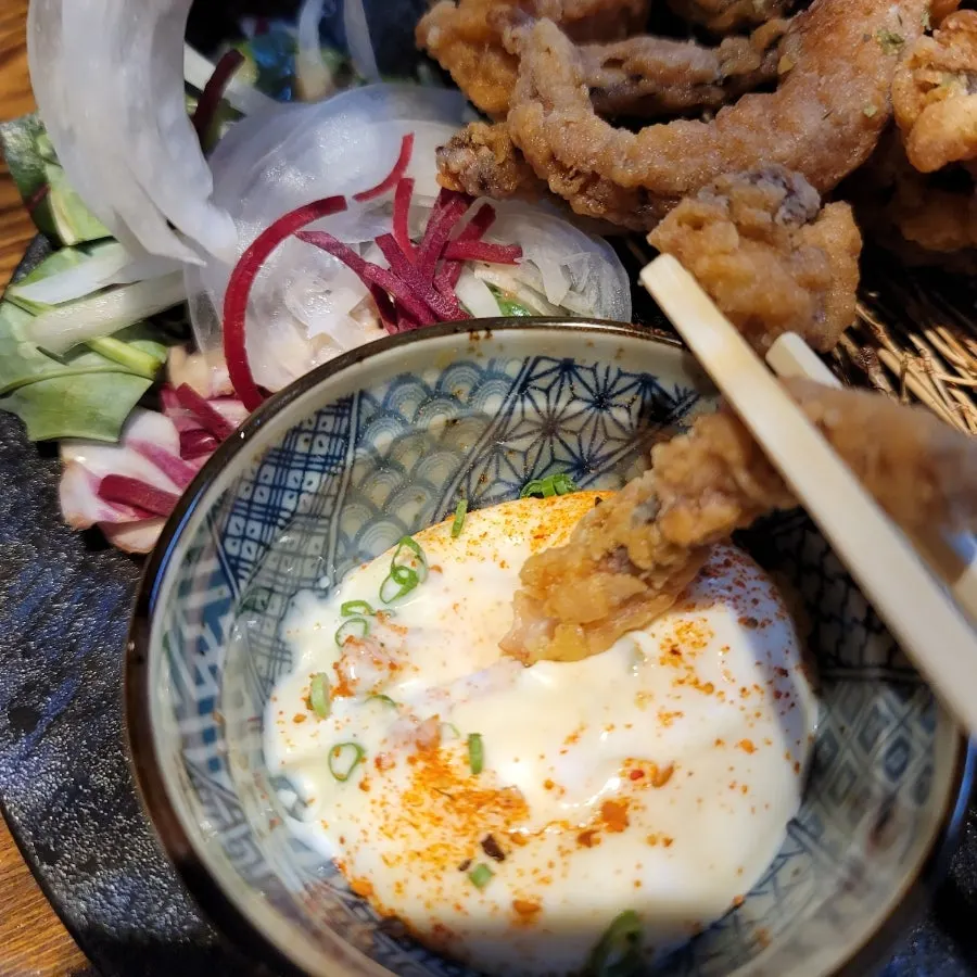 Ikkageso served with special mayonnaise sauce and salad