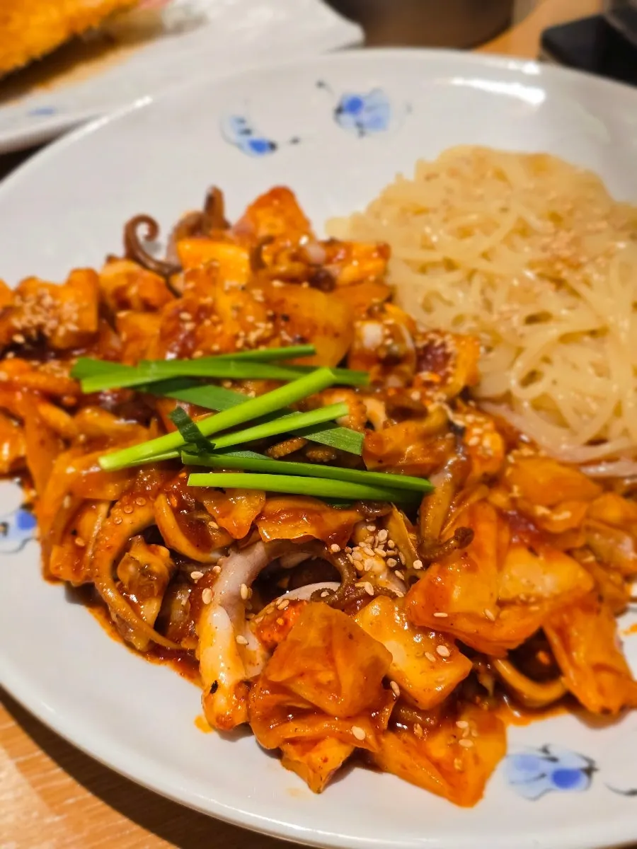 Close-up of the stir-fried baby octopus