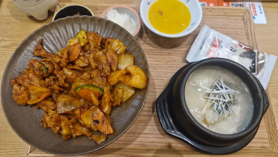 Full table spread of the pork stir-fry set