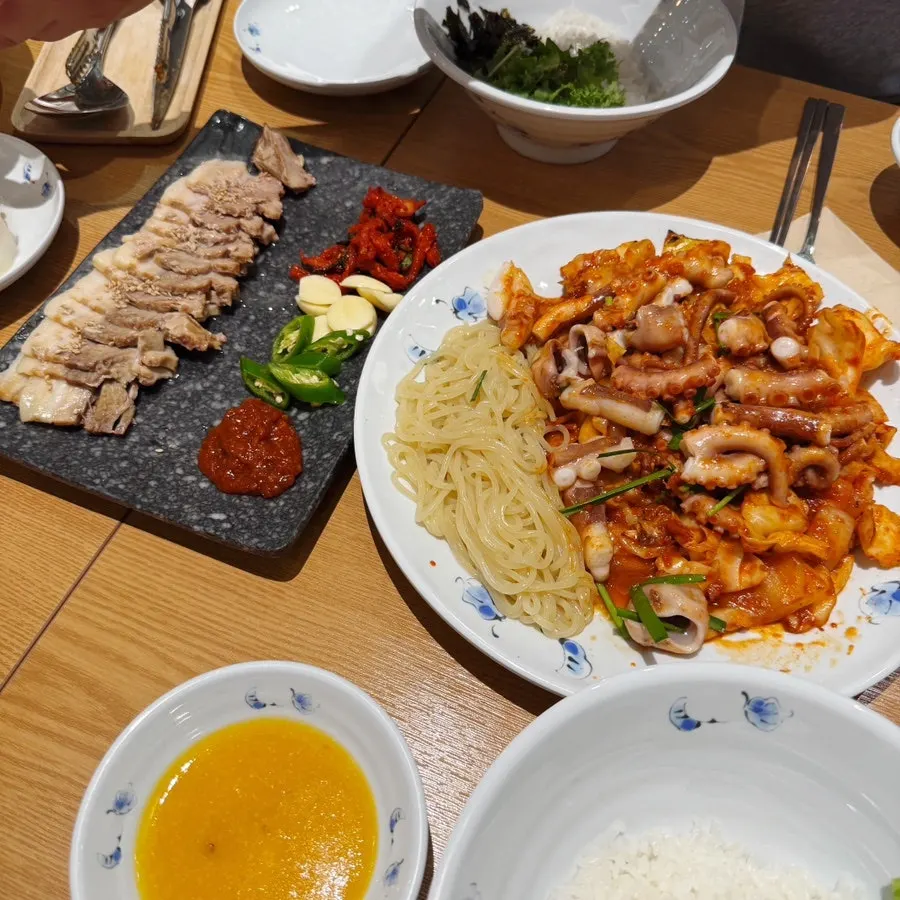Jjolmyeon noodles served alongside the whole octopus stir-fry