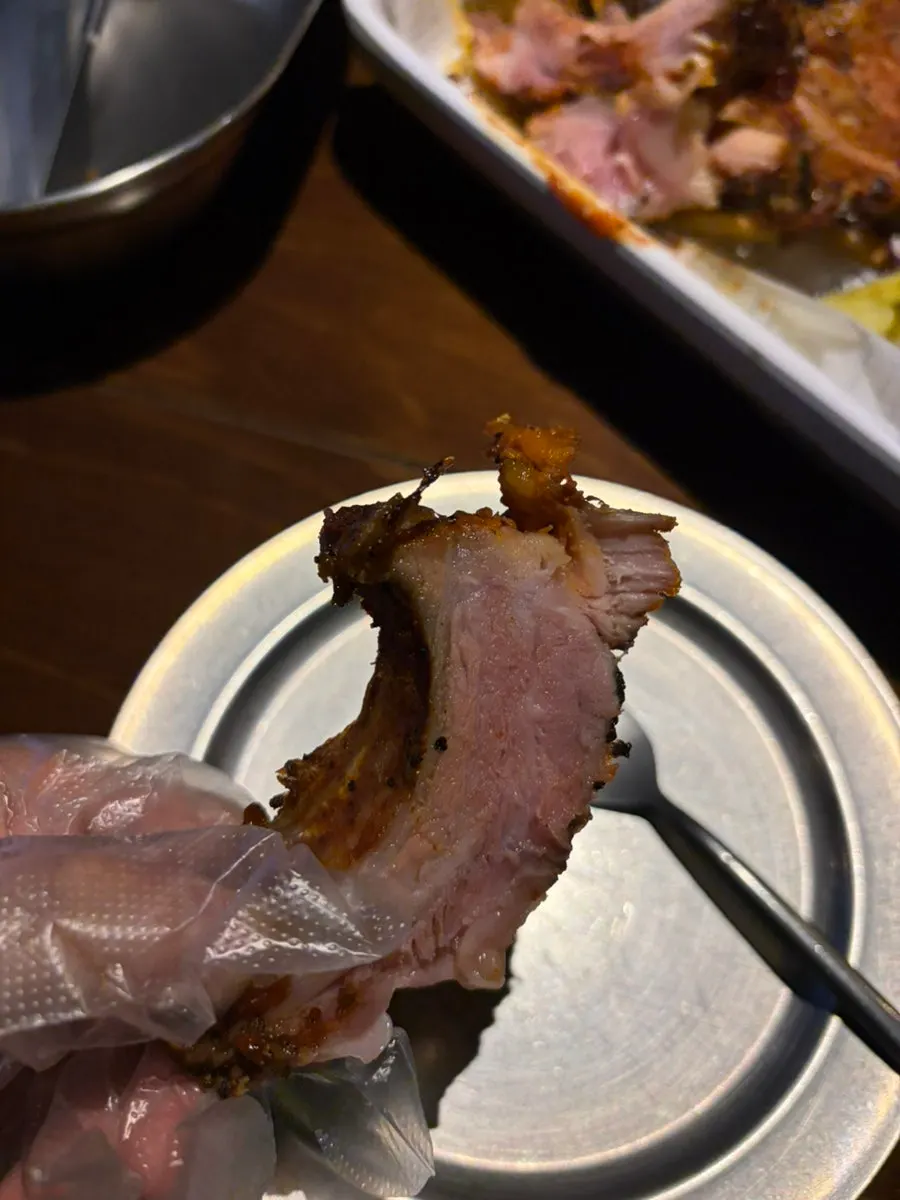 Close-up of the barbecue-sauced ribs