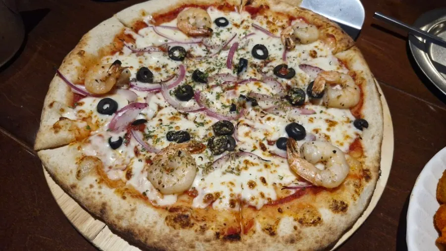 Wood-fired seafood pizza