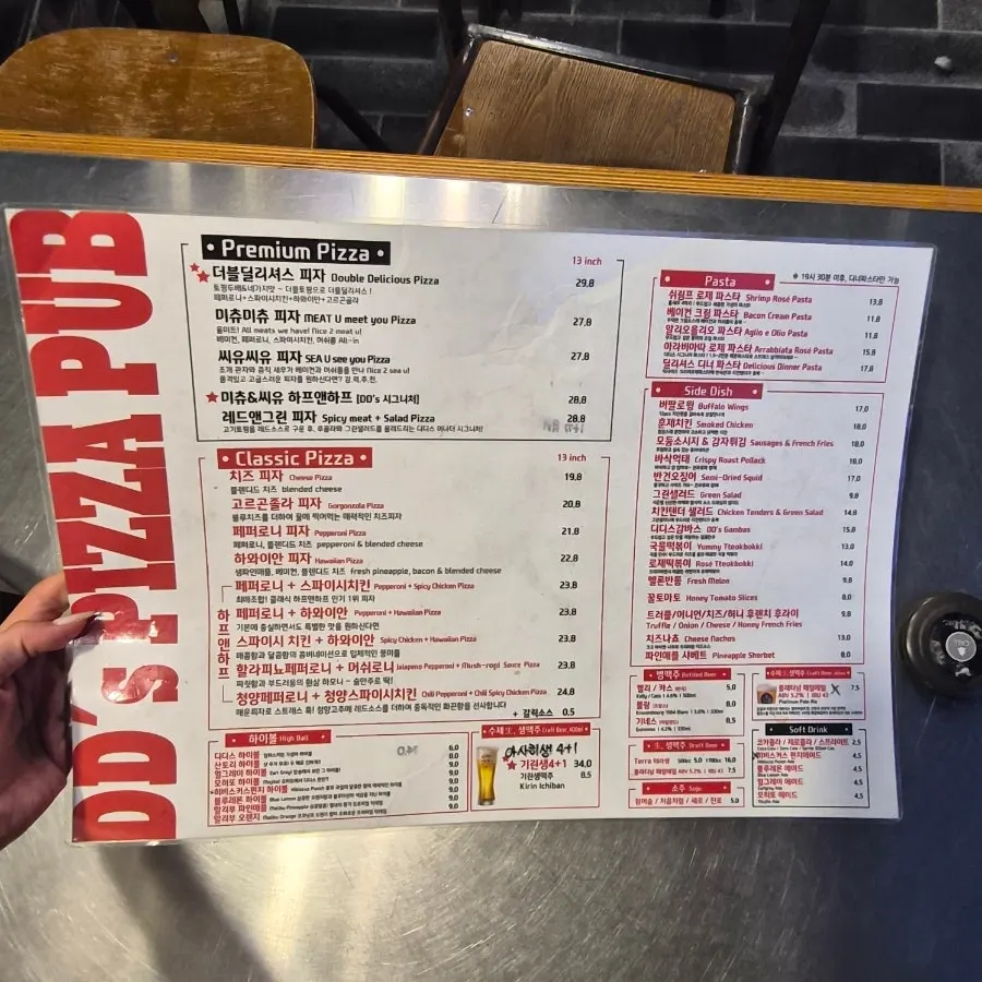 Full menu displayed on the terrace at Didi's Pizza Pub