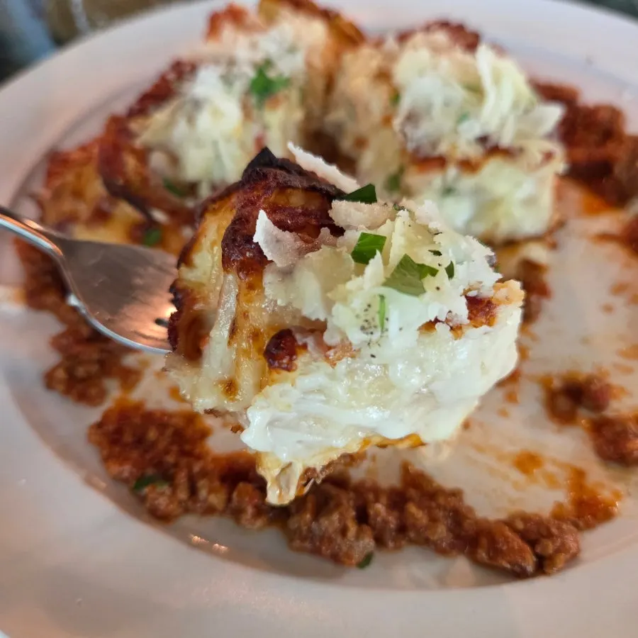 Lasagna cut into bite-size pieces