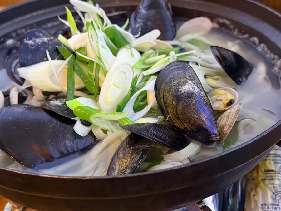 Seafood kalguksu loaded with mussels