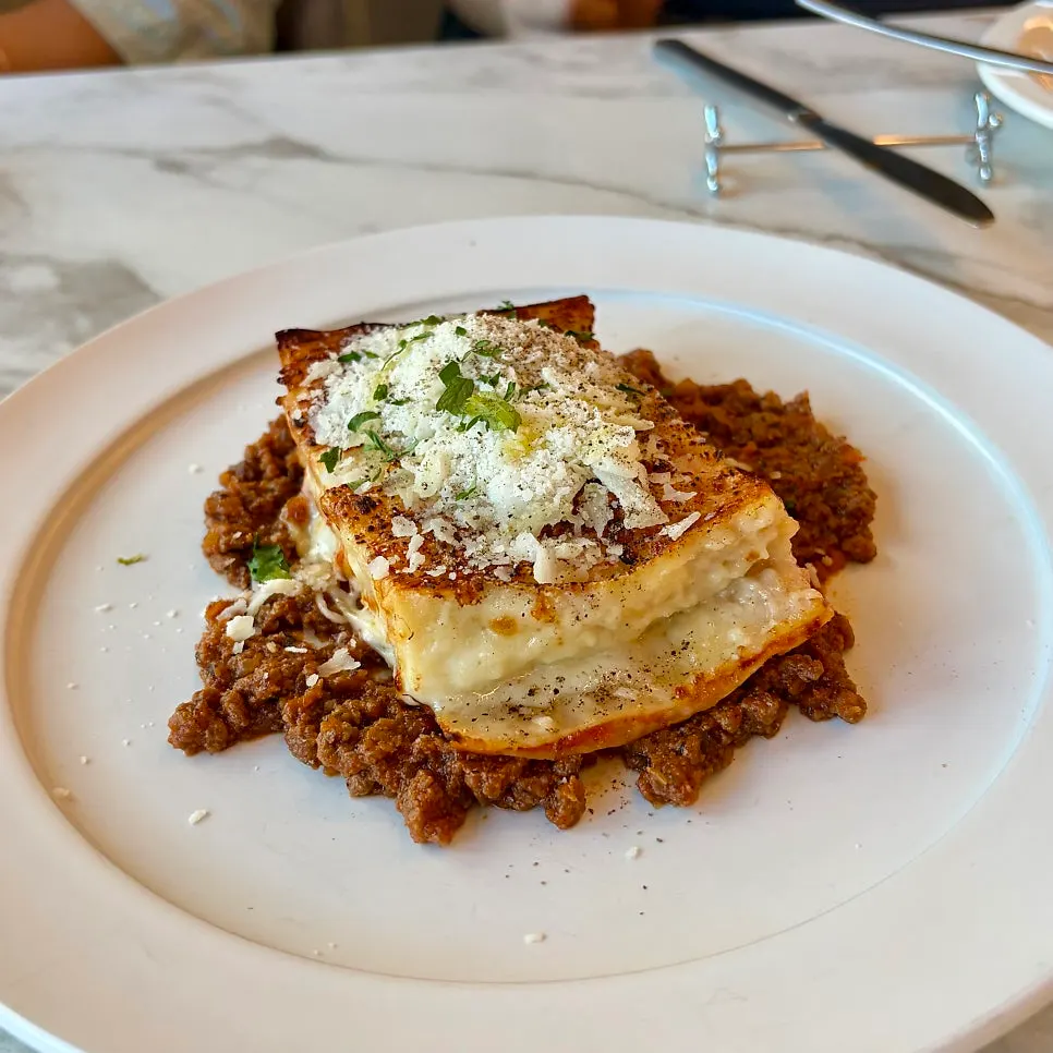 A plate of cheese-loaded lasagna