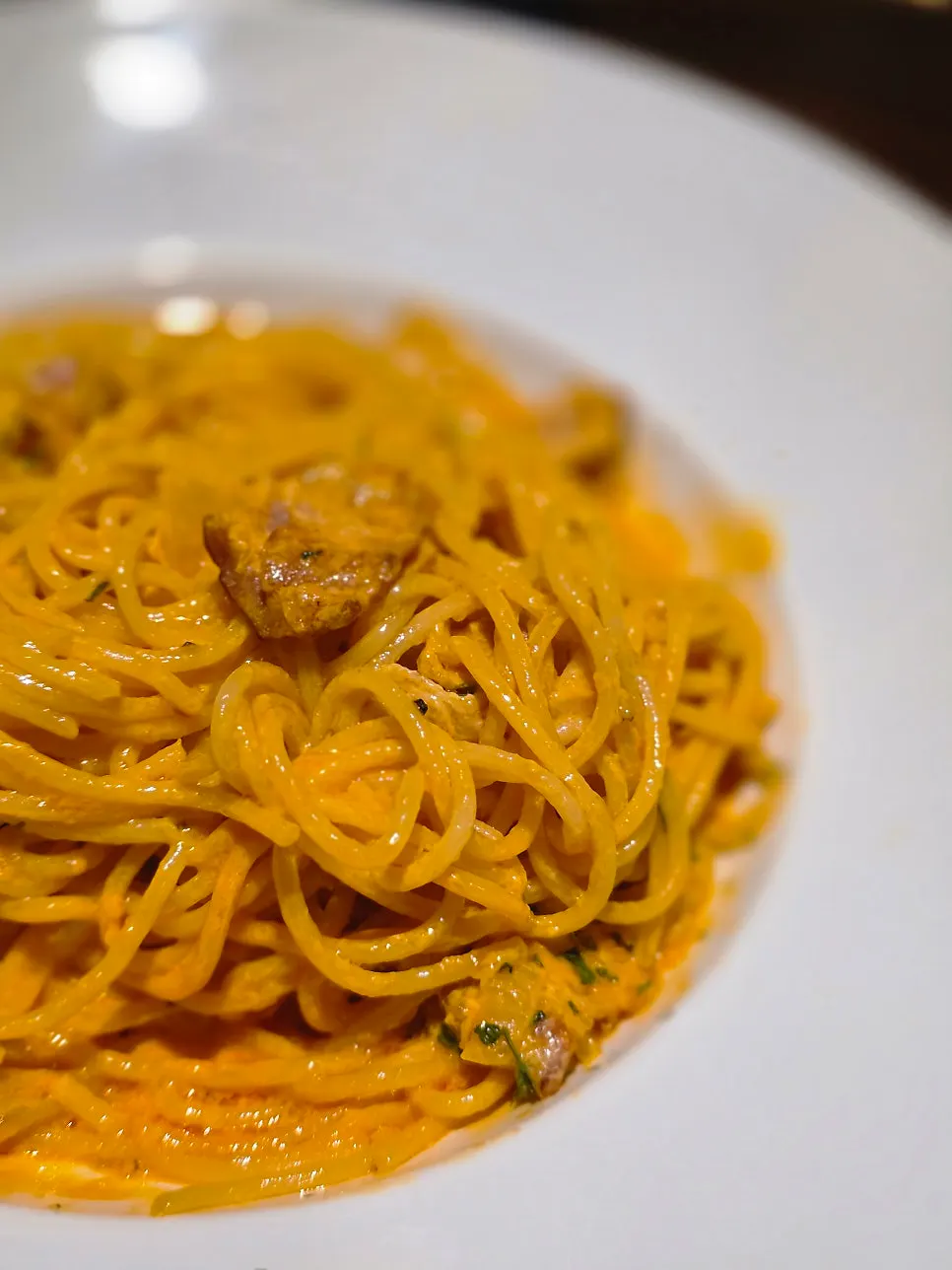 Rosé pasta with sauce well soaked into the noodles