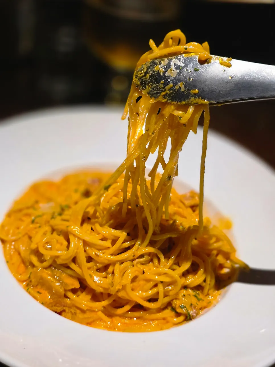 Rich, thick rosé pasta with bacon