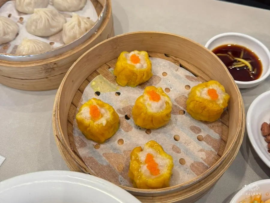 Siumai dim sum topped with flying fish roe