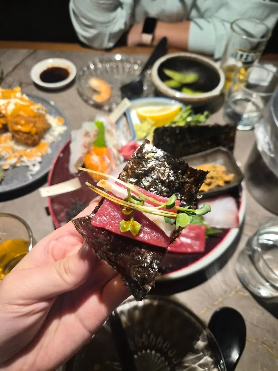 Tuna and sweet shrimp on seaweed