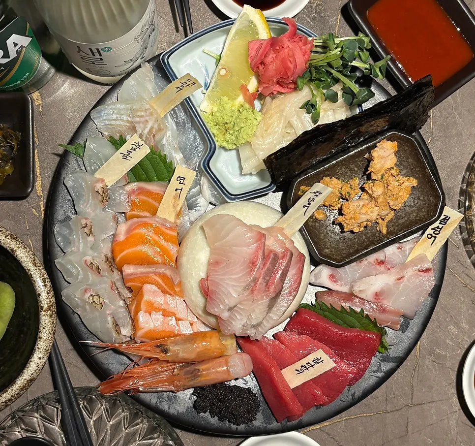 Close-up of thickly sliced aged sashimi