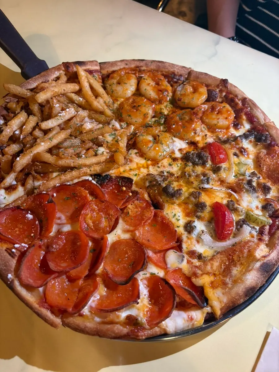 Close-up of the Quarter Street pizza taken with flash