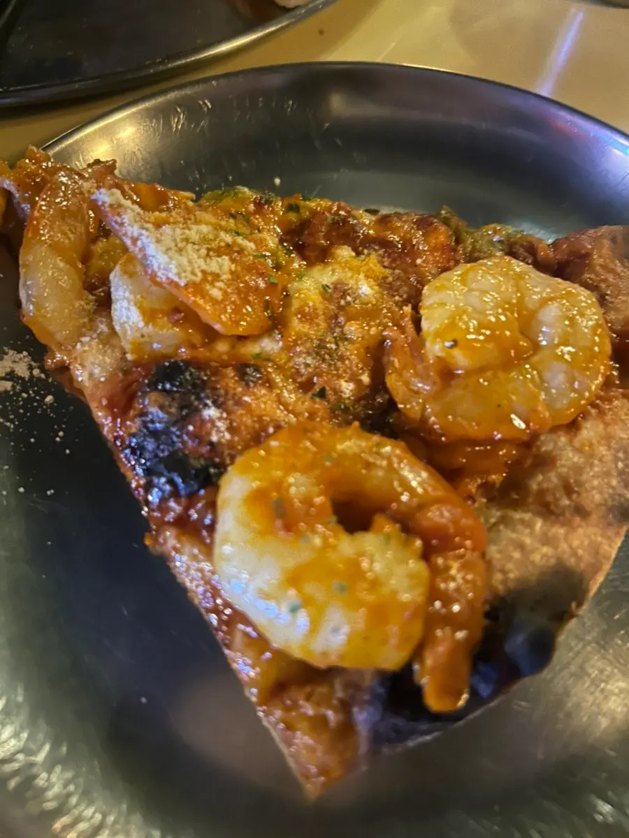 Close-up of shrimp topping on the Shrimp Gangster