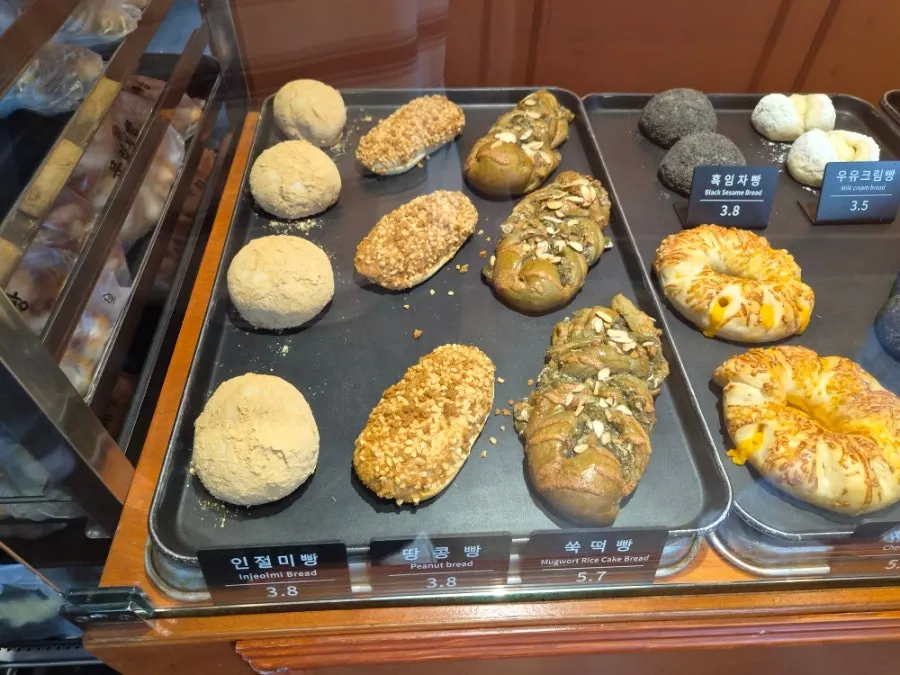 Bread display case inside Munhwa Bakery