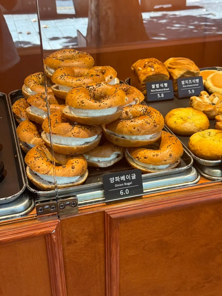 Various breads displayed in the shop