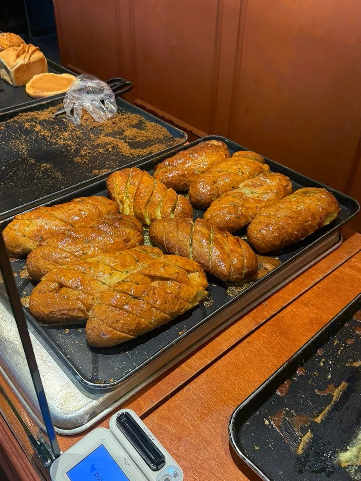 Freshly made garlic bread at Munhwa Bakery