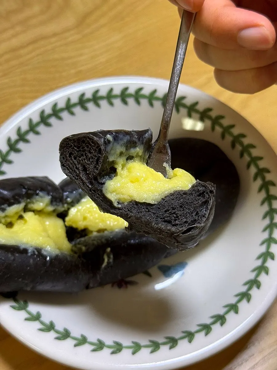 Squid-ink dough in squid-ink condensed milk bread