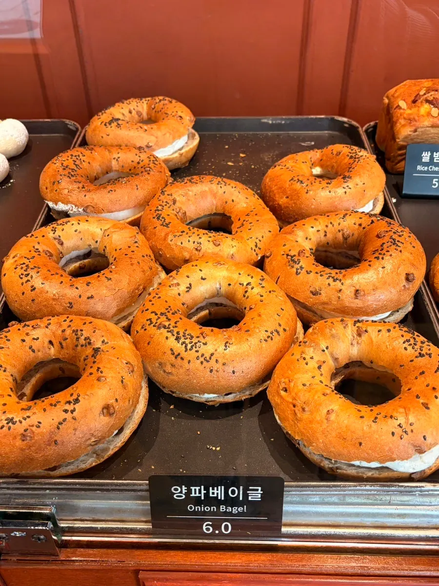 Sweet potato bread, white bean paste bread and walnut bread on display