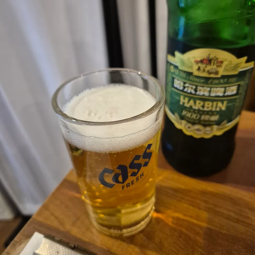 A glass of Harbin beer