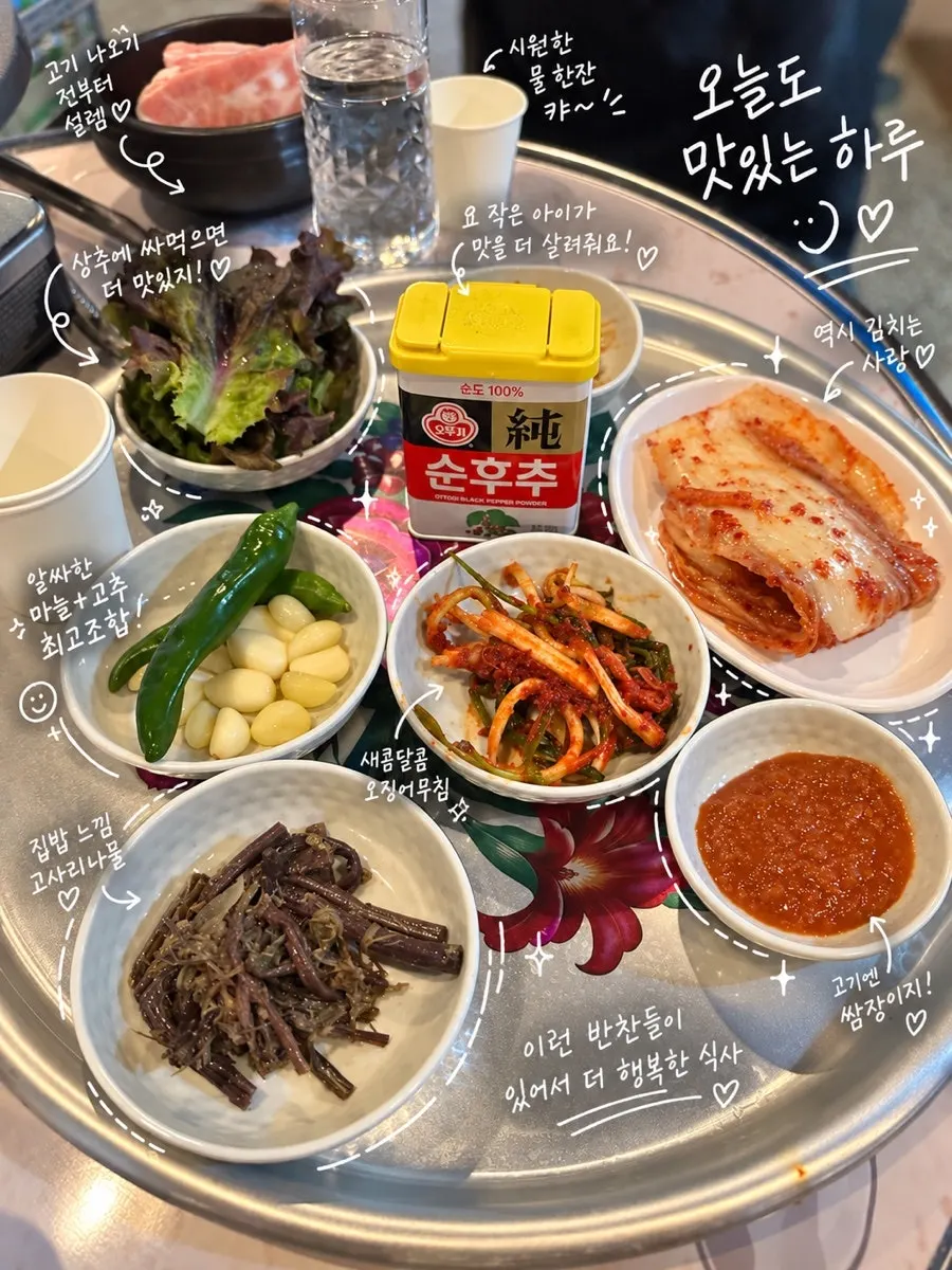 Meat side dishes including kimchi and gosari
