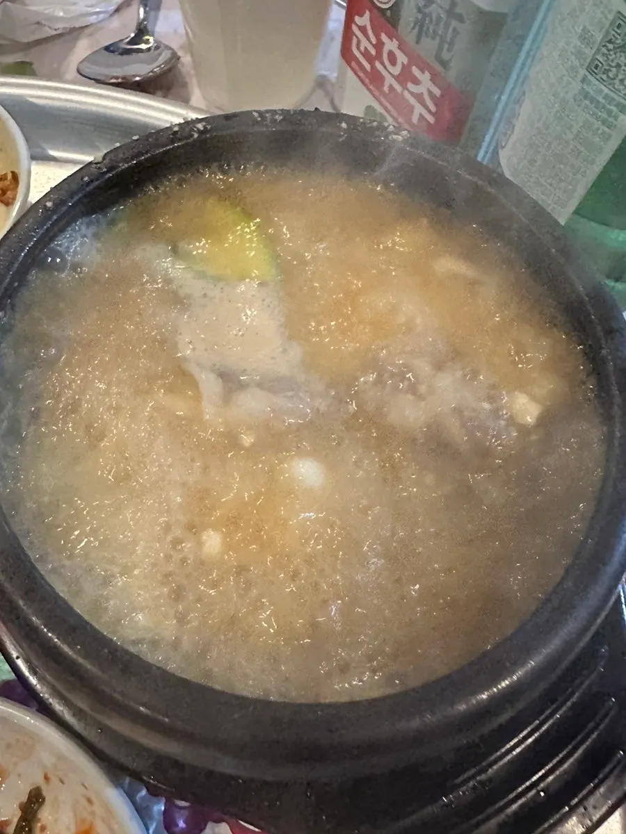 Beef brisket soybean paste stew in an earthenware pot