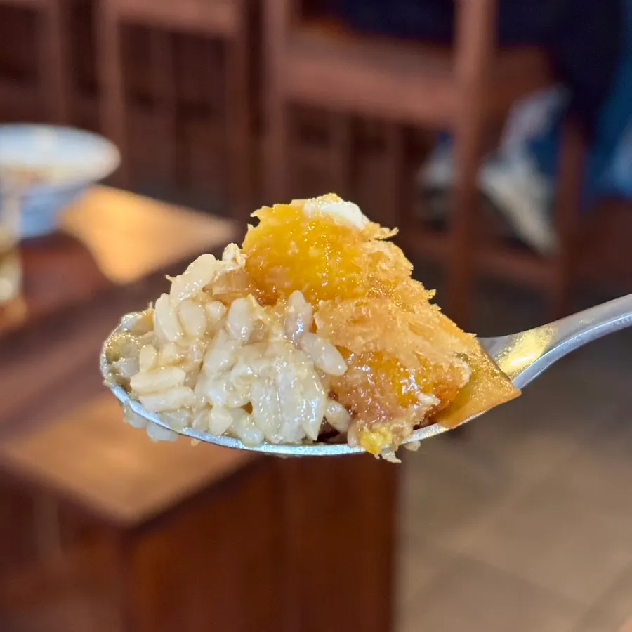 A piece of fried shrimp from the mix katsu-don