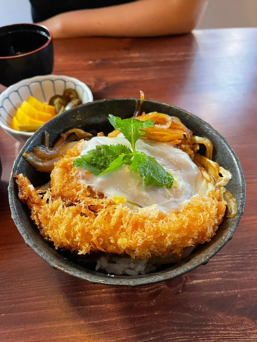 Close-up of mix katsu-don topped with extras