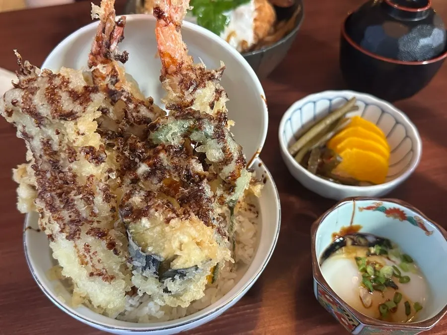 Wide shot of mix katsu-don with side dishes