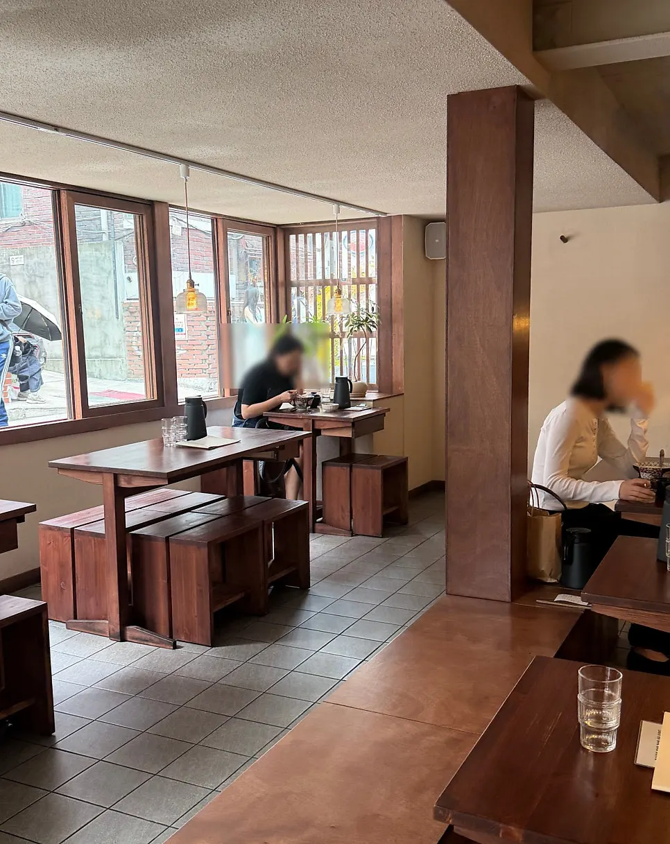 Spacious, comfortable table seating inside the restaurant