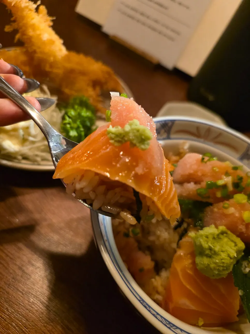 Sake tarako-don served with perilla leaf, scallion, and wasabi