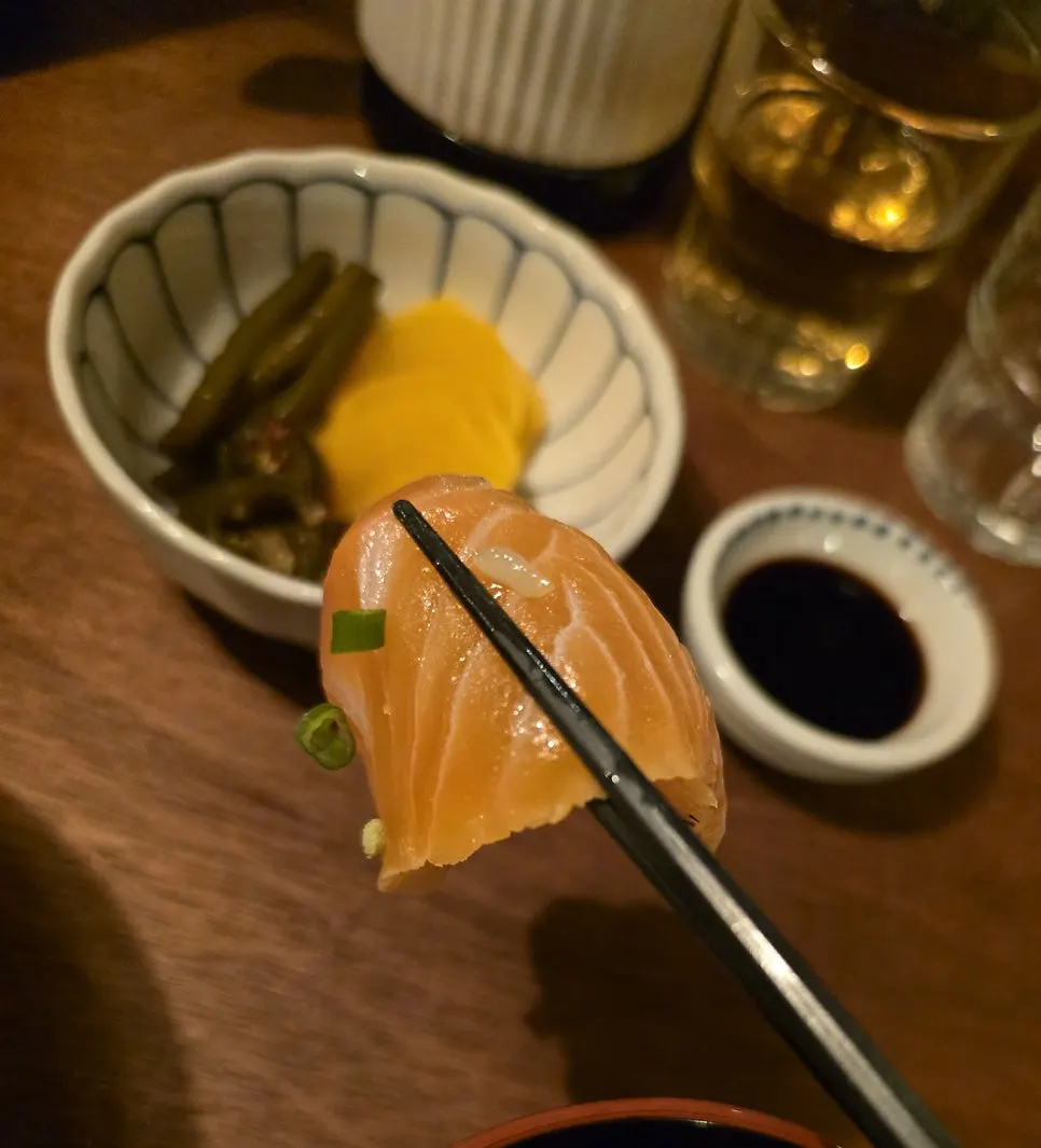 Close-up of a bowl of sake tarako-don