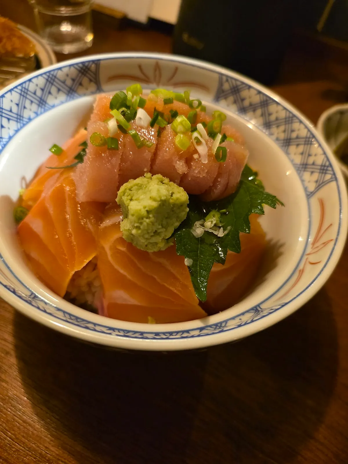 Table set with sake tarako-don and jumbo shrimp tempura together