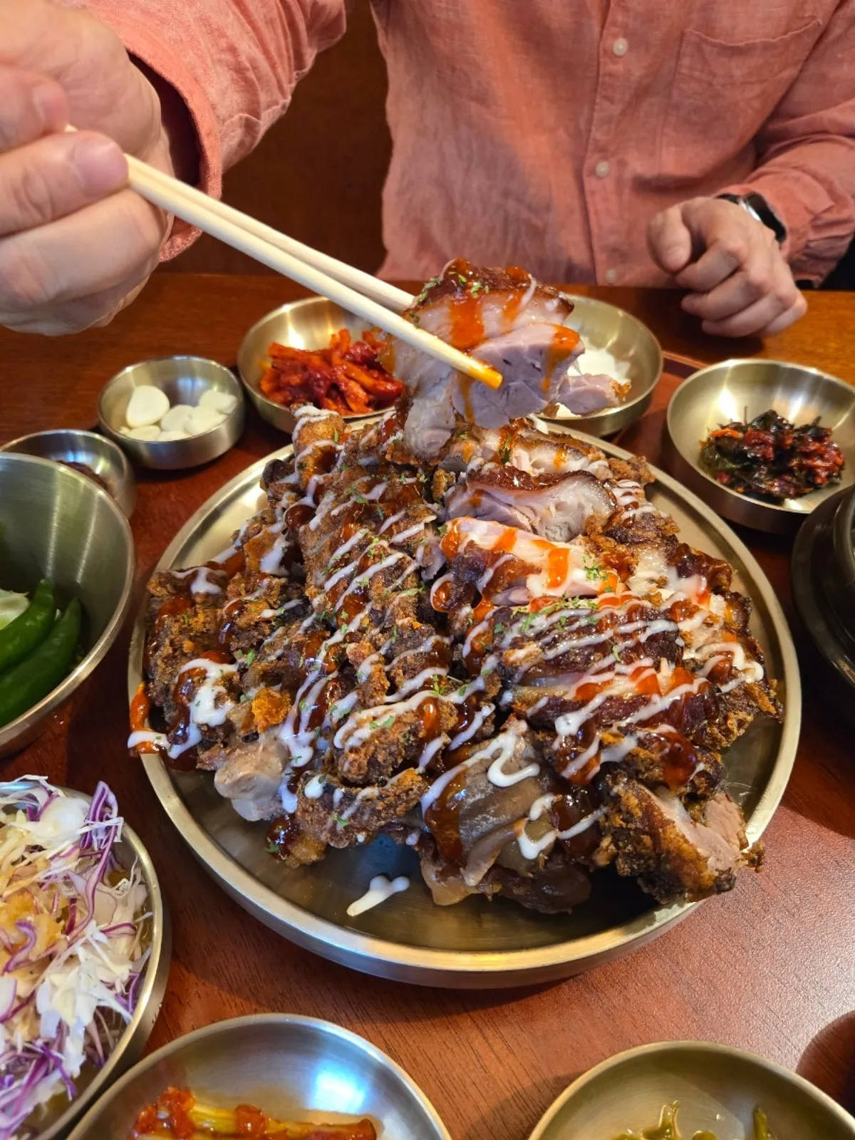Fried jokbal set, ₩49,000, placed at the center of the table